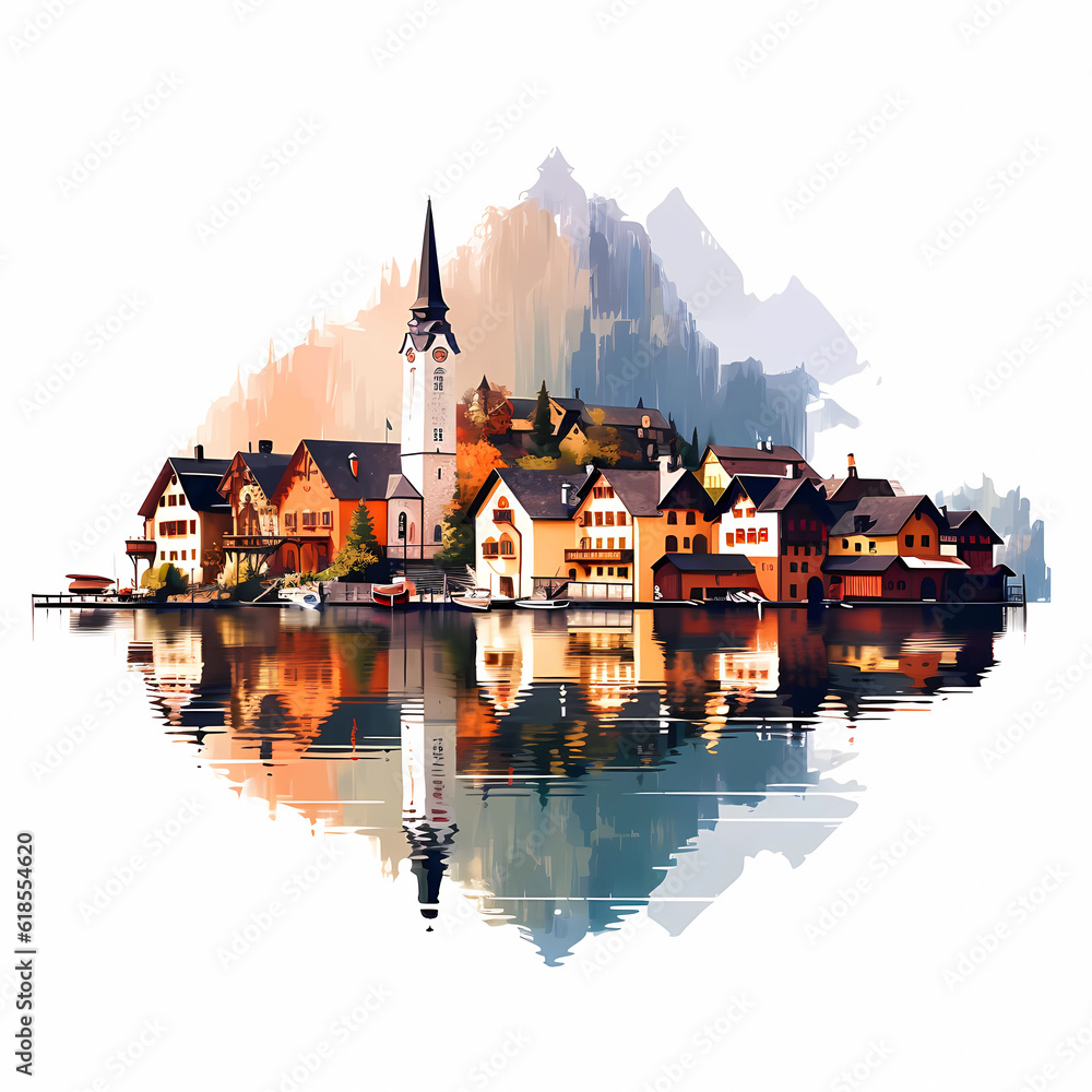 Illustration of beautiful view of Hallstatt, Austria