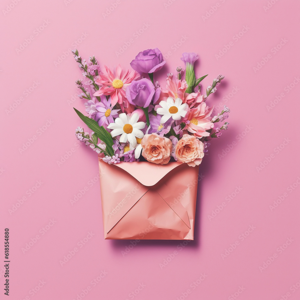 Minimal flatlay composition with a paper envelope filled with colorful field flowers on pastel pink. Generative AI. Minimal flatlay composition with a paper envelope filled with colorful field flowers on pastel pink. Generative AI.