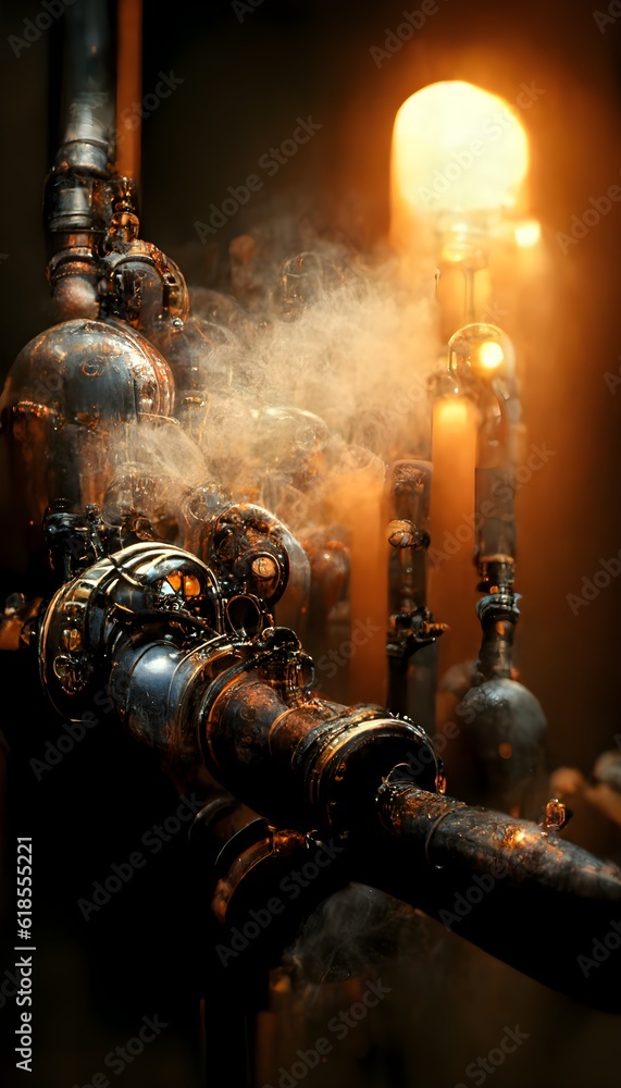 Steampunk pipes copper steam pipes steam bursting out of pipes dark