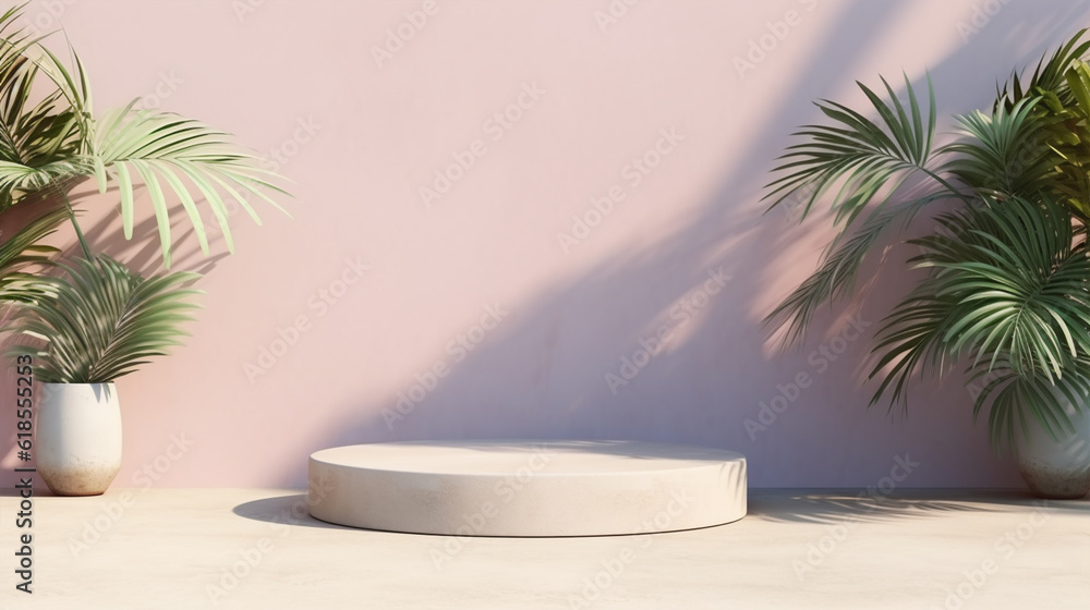 Unobtrusive natural pastel background with shadows on the wall, exterior - 3d render. Botanical empty podium with shadows from plants, palms, trees for product presentation, advertising Unobtrusive natural pastel background with shadows on the wall, exterior - 3d render. Botanical empty podium with shadows from plants, palms, trees for product presentation, advertising