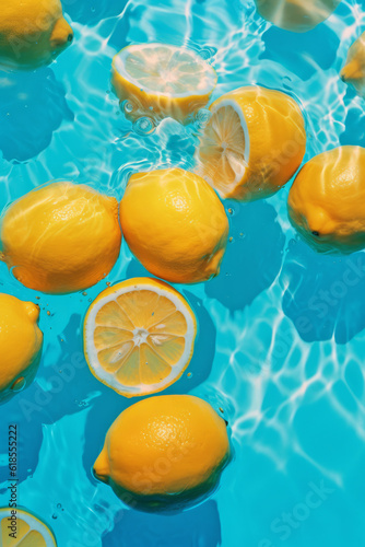 Summer scene with many fresh lemons floating in light blue pool water on a sunny day. Generative AI.