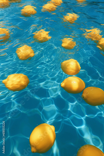 Summer scene with many fresh lemons floating in dark blue pool water on a sunny day. Generative AI.