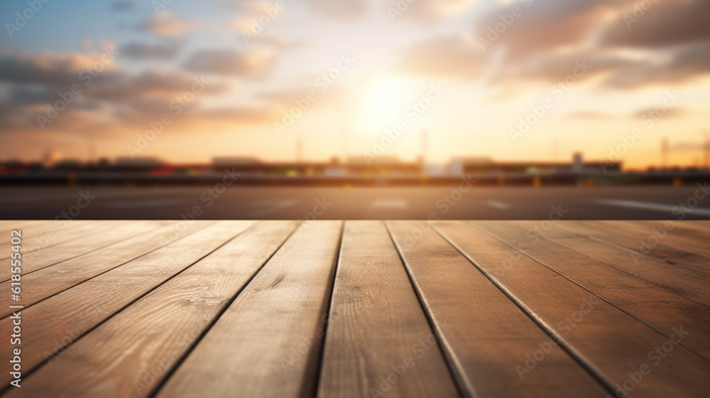 Wooden board empty table top on of blurred background. Perspective brown wood table over blur in airport background Wooden board empty table top on of blurred background. Perspective brown wood table over blur in airport background