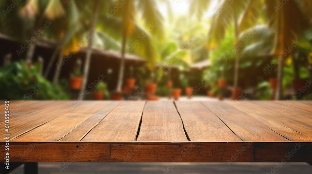 Wooden board empty table top on of blurred background. Perspective brown wood table over blur in tropical garden background Wooden board empty table top on of blurred background. Perspective brown wood table over blur in tropical garden background