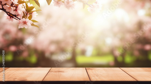 Wooden board empty table top on of blurred background. Perspective brown wood table over blur in sakura garden background