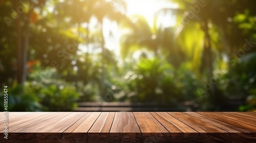 Wooden board empty table top on of blurred background. Perspective brown wood table over blur in tropical garden background