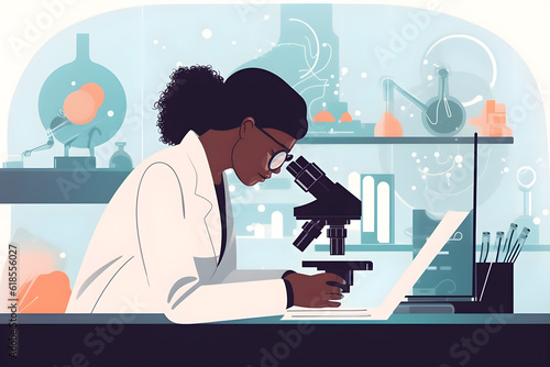 Flat vector illustration medical science laboratory portrait of beautiful black scientist looking under microscope does analysis of test sample ambitious young biotechnology specialist working with ad