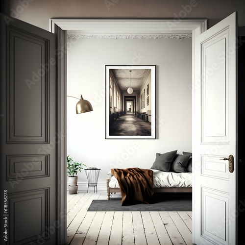 messy and cosy artdeco room vertical long framed wall art wide angle shot 