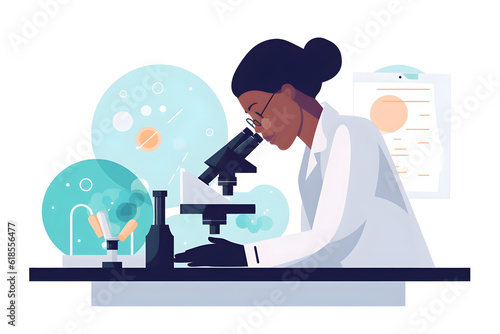 Flat vector illustration medical science laboratory portrait of beautiful black scientist looking under microscope does analysis of test sample ambitious young biotechnology specialist working with ad photo