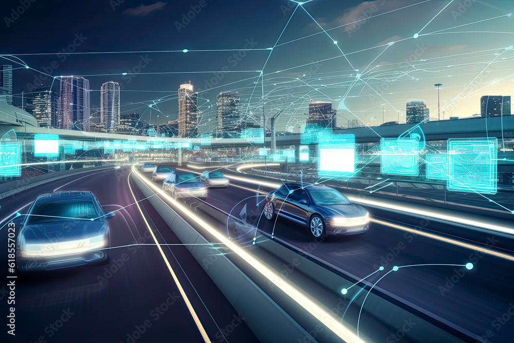 Fototapeta premium Smart cars with automatic sensor driving on metropolis with wireless connection.AI generated