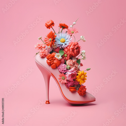 Elegant pink high-heeled women's shoe filled with brightly colored flowers on a minimalist background. Generative AI.