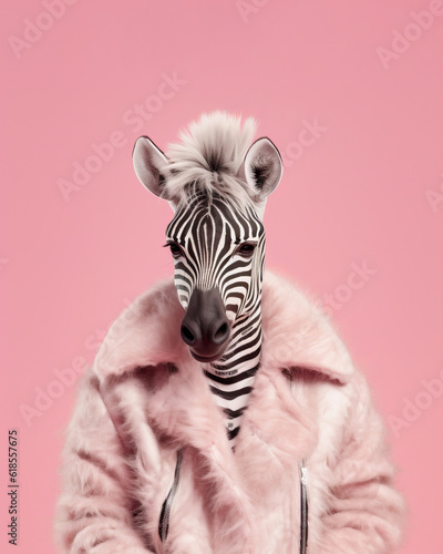 Cool portrait of a zebra dressed in a fluffy pink leather coat in front of a minimal pastel studio background. Generative AI. photo