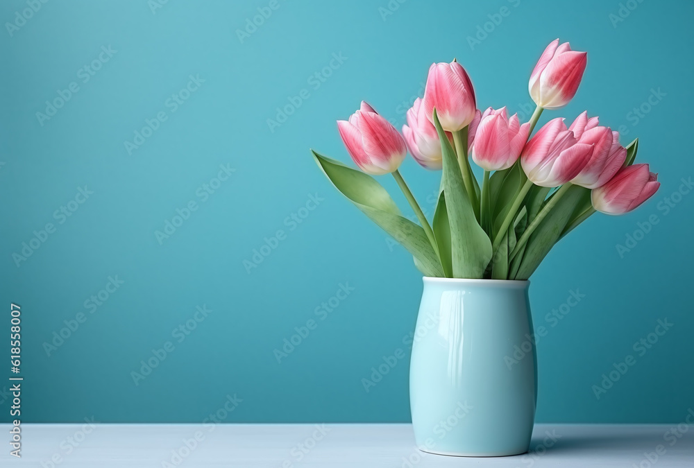 Beautiful bouquet of pink tulips flowers in a pot on blue background Beautiful bouquet of pink tulips flowers in a pot on blue background