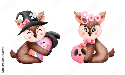 Magical halloween reindeer art. Black witch hat, pink ghost,pink skull and cute watercolor illustration.