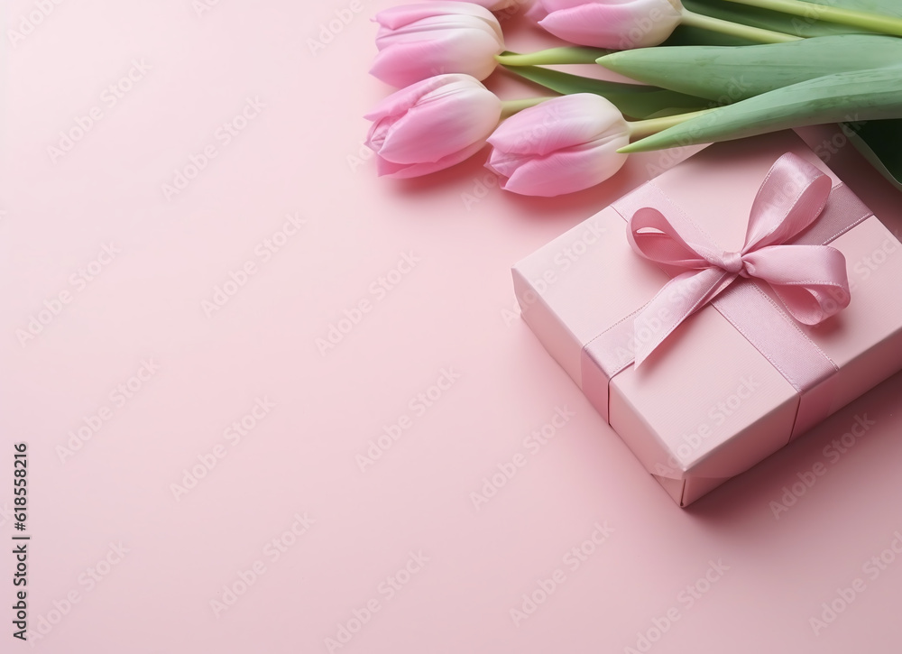 Bouquet of pink tulips and gift box on pink background Bouquet of pink tulips and gift box on pink background