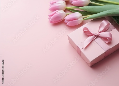 Bouquet of pink tulips and gift box on pink background © Cla78