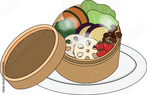 せいろで蒸した温野菜のイラスト（主線あり）