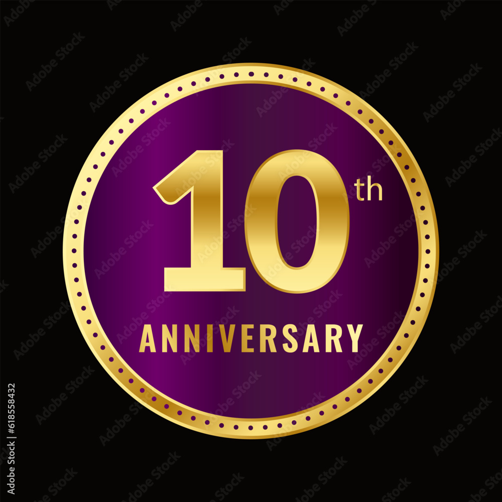 Ten Years Anniversary Gold and Purple Color Elegant Emblem in Black Background Isolated Vector