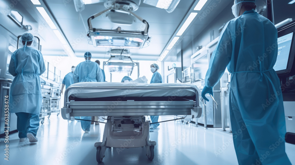 Nurses pushing hospital stretchers inside the hospital Nurses pushing hospital stretchers inside the hospital