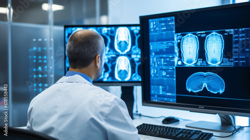 A radiologist examining a digital image of a patient's body scan on a high-resolution monitor in a nuclear medicine department Generative AI