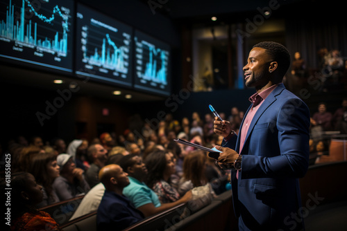 Dynamic Presentation: Charismatic African-American Business Leader Takes the Stage, Delivering an Engaging Talk on Startup Big Data Statistics, Illustrated with Compelling Charts Ai generative