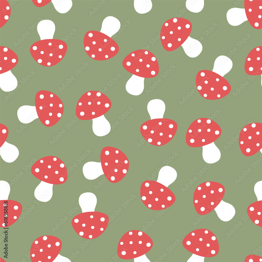 Simple seamless pattern with mushrooms on a green background.Vector graphics. Simple seamless pattern with mushrooms on a green background.Vector graphics.