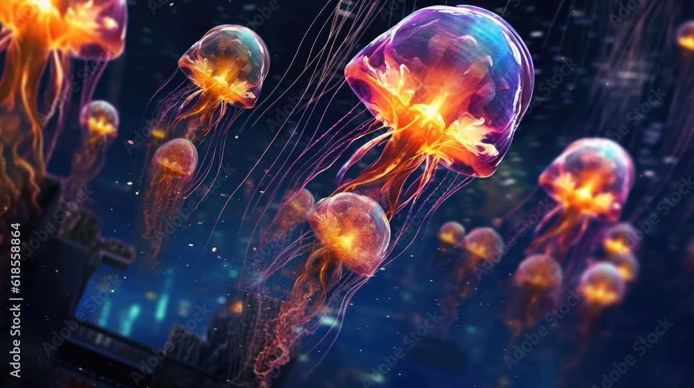 Naklejka premium Colourfull jellyfishes in undersea