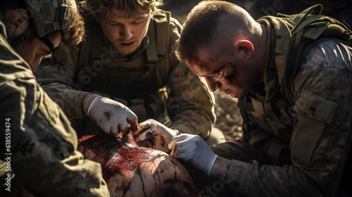 A military medic administering emergency medical treatment to a wounded soldier on the battlefield Generative AI photo
