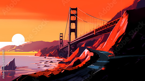 Illustration of a beautiful view of the Golden Gate Bridge, USA photo