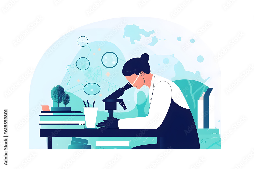 Flat vector illustration medical development laboratory caucasian female scientist looking under microscope analyzes petri dish sample specialists working on medicine biotechnology research in advance