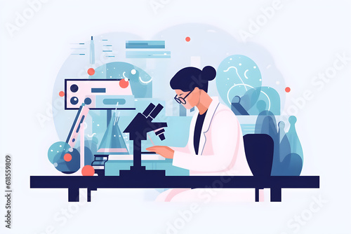 Flat vector illustration medical development laboratory caucasian female scientist looking under microscope analyzes petri dish sample specialists working on medicine biotechnology research in advance