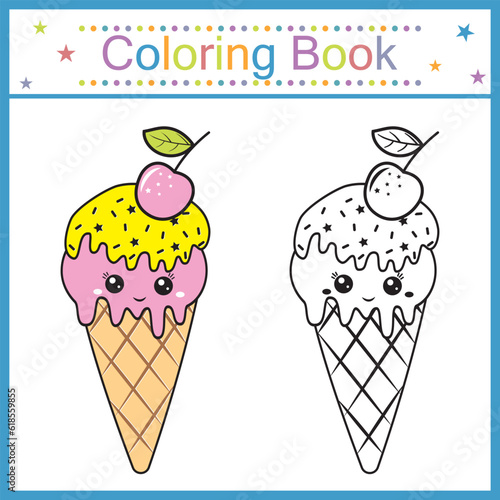 Coloring book for kids ice cream kawaii, isolated contour illustration