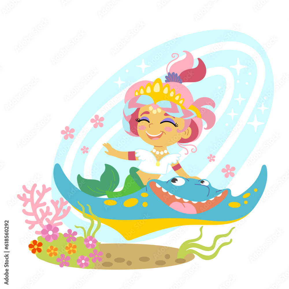 Cute cartoon mermaid ride on a sea stingray vector Cute cartoon mermaid ride on a sea stingray vector