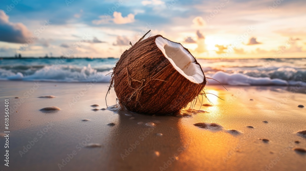 custom made wallpaper toronto digitalCoconut on the beach in the sunset. Generative AI