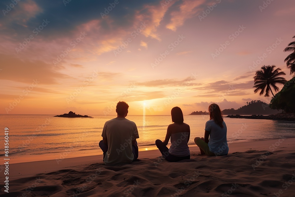 Yoga retreat on the beach at sunset, silhouette of group of people meditating Yoga retreat on the beach at sunset, silhouette of group of people meditating
