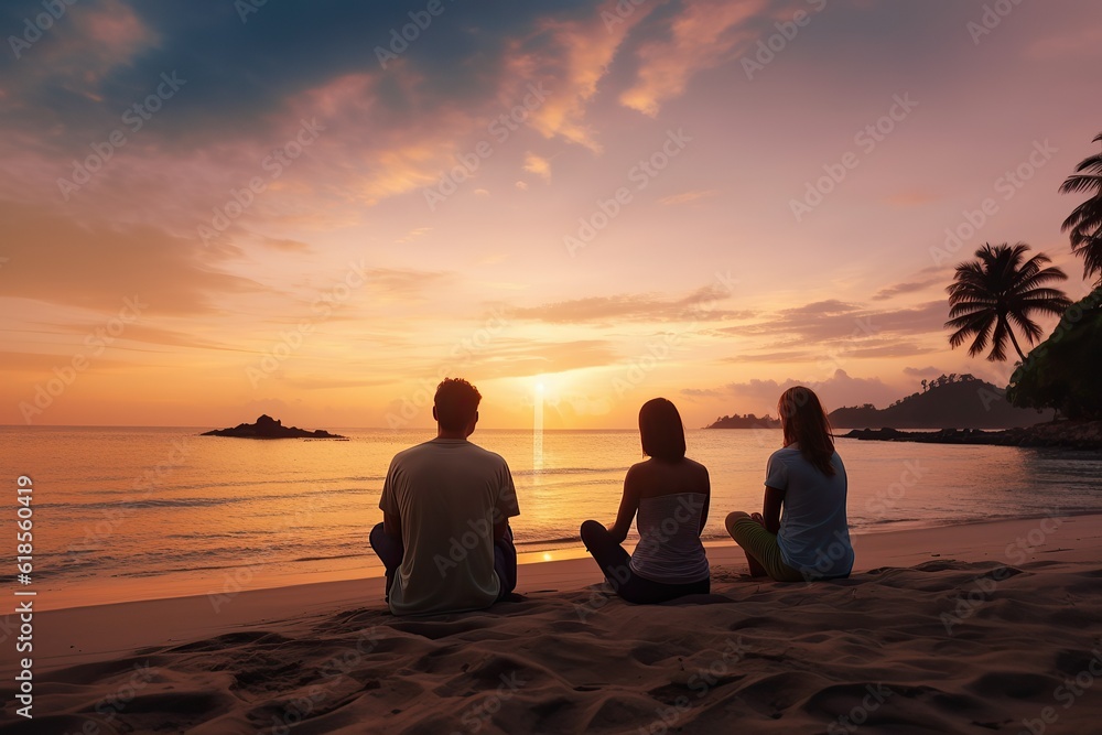 Yoga retreat on the beach at sunset, silhouette of group of people meditating