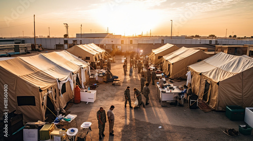 A military field hospital with tents and medical personnel, ready to provide comprehensive medical support in challenging environments Generative AI photo