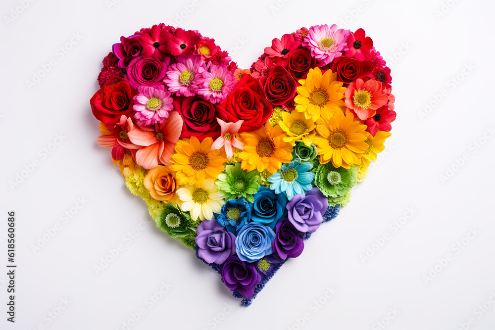 Colorful rainbow heart made from flowers isolated on white background. This illustration represents concept of love for LGBTQ, gay, lesbian, pride and bisexsual. Digital illustration generative AI. Colorful rainbow heart made from flowers isolated on white background. This illustration represents concept of love for LGBTQ, gay, lesbian, pride and bisexsual. Digital illustration generative AI.