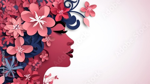 Illustration of face and flowers style paper cut with copy space for international women's day. Generative AI © Kanisorn