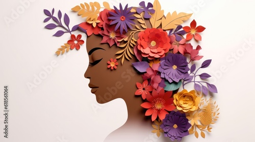 Illustration of face and flowers style paper cut with copy space for international women's day. Generative AI