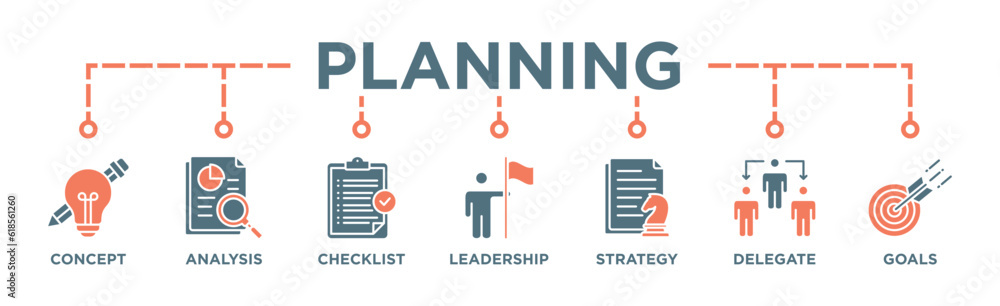 Planning banner web icon vector illustration concept with icon of concept, analysis, checklist, leadership, strategy, delegate and goals Planning banner web icon vector illustration concept with icon of concept, analysis, checklist, leadership, strategy, delegate and goals