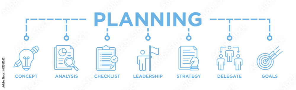Planning banner web icon vector illustration concept with icon of concept, analysis, checklist, leadership, strategy, delegate and goals Planning banner web icon vector illustration concept with icon of concept, analysis, checklist, leadership, strategy, delegate and goals