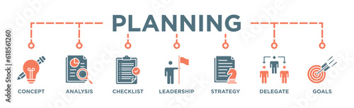 Planning banner web icon vector illustration concept with icon of concept, analysis, checklist, leadership, strategy, delegate and goals