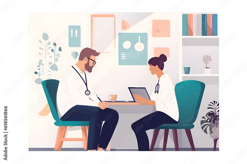 Flat vector illustration male doctor holding a tablet and talking to a female patient in the clinic Flat vector illustration male doctor holding a tablet and talking to a female patient in the clinic