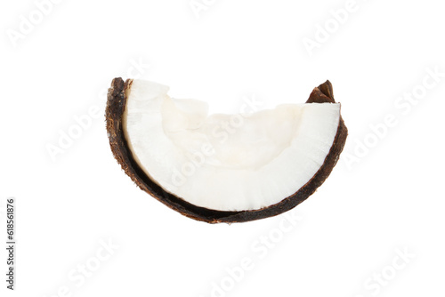 Piece, part of a coconut in a coconut shell on a white background.
