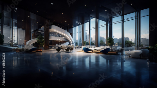 Eine Luxus Hotel Lobby mit M  beln und einem gro  en Fenster Eingangsbereich  Generative AI