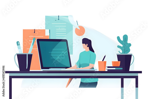Flat vector illustration lekarz siedz cy przy biurku obok laptopa