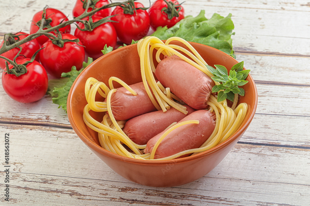Mini sausages with pasta spaghetti Mini sausages with pasta spaghetti