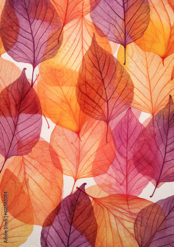 .A large amount of scattered leaves in purple and orange colors. Generative AI