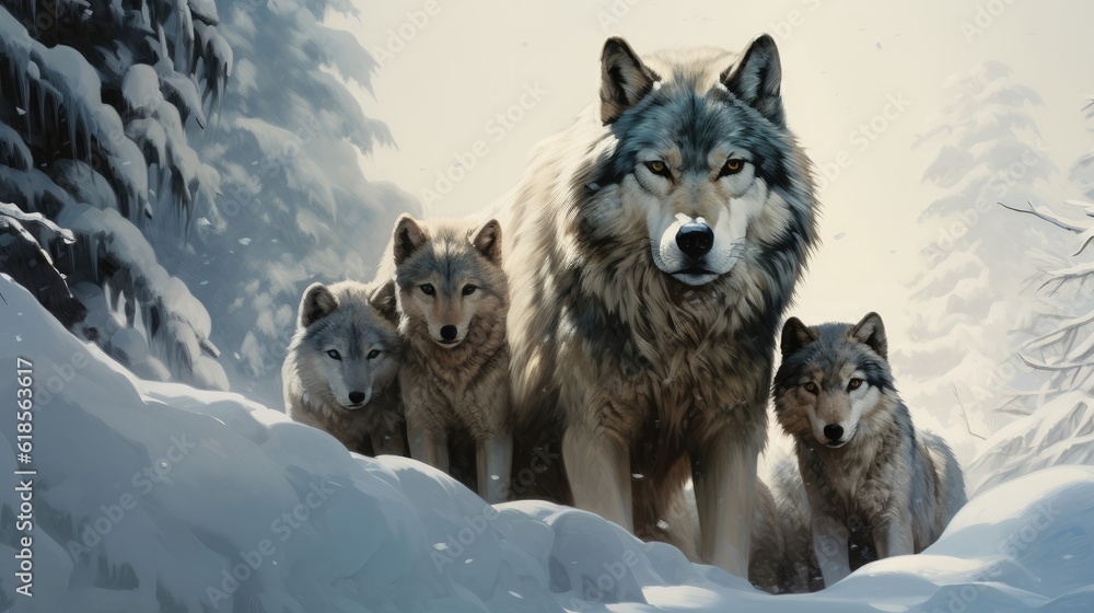 Wolf family in the snow. Generative AI Wolf family in the snow. Generative AI